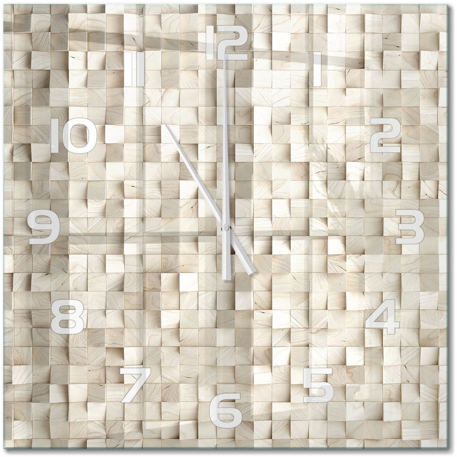TULUP Wandklok - Houten kubussen Glazen Klok Met Print - 60x60 cm - Beige Wandklok Glas Met Motief - Witte handen - Vierkante Klok - Wandklok Glas Decoratie - Gekleurde Glazen Klok