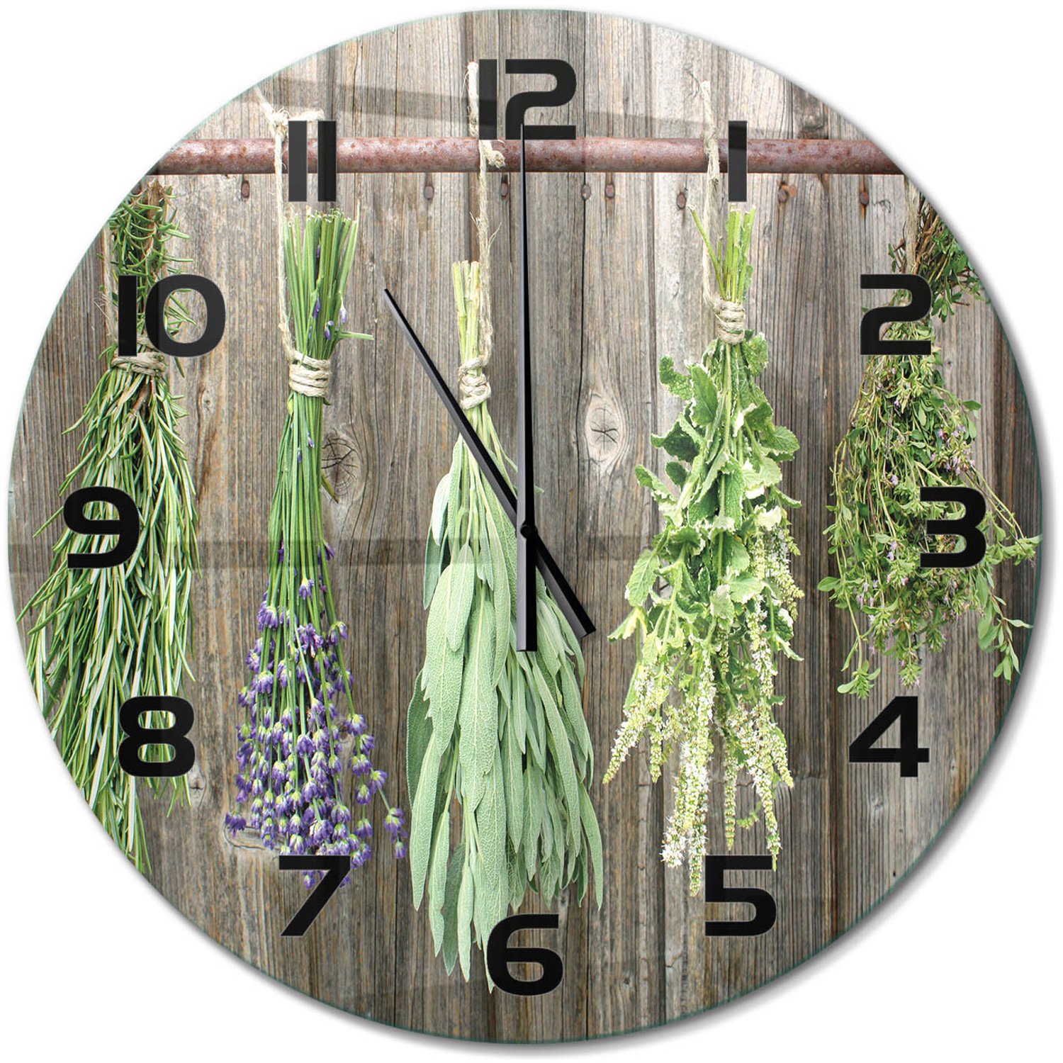TULUP Wandklok - Kruiden aan een touwtje Wandklok Glas Met Motief - fi60 cm - Groente Decoratieve Glazen Klok - Zwarte handen - Ronde Klok - Gekleurde Glazen Klok - Glazen Klok Met Print