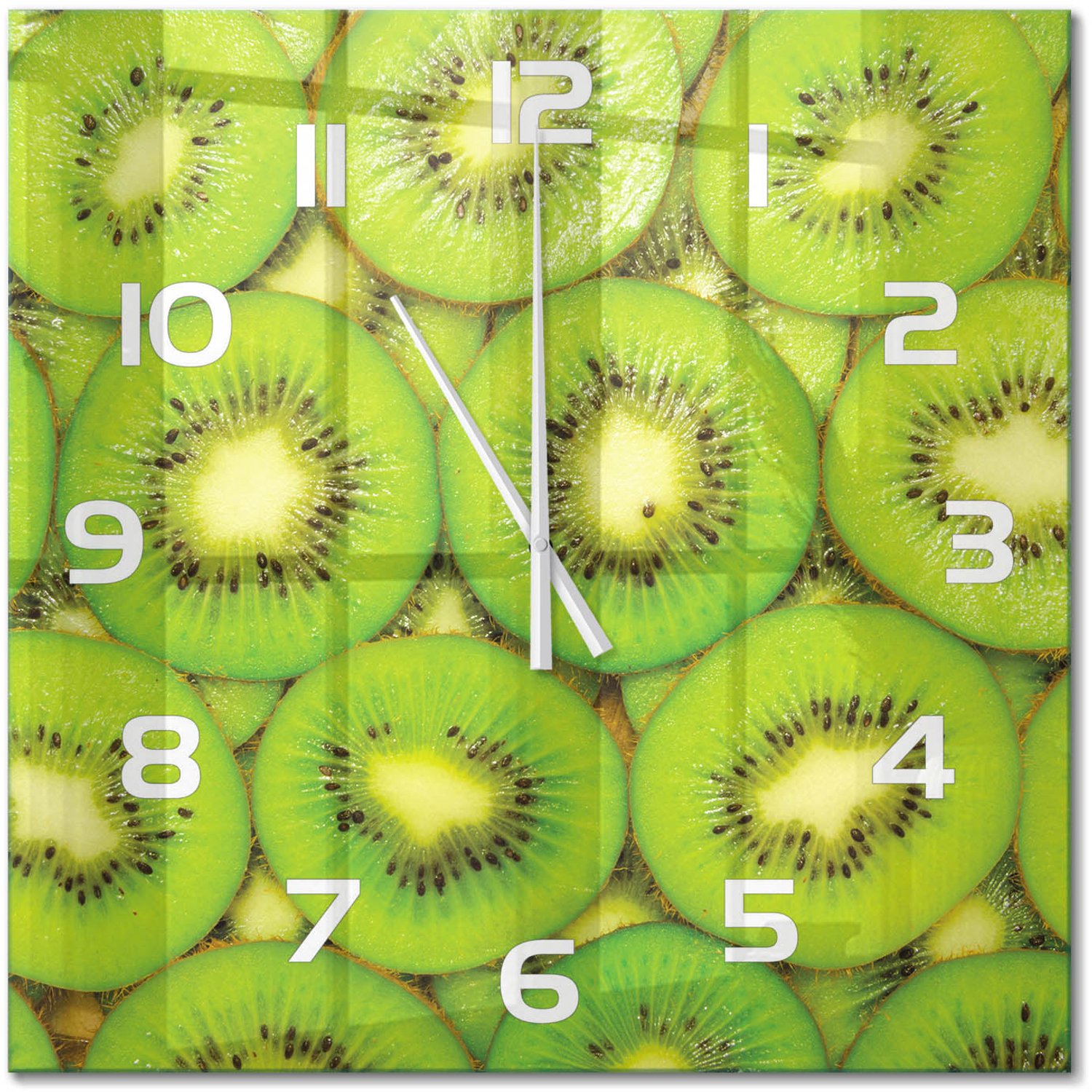 TULUP Wandklok - Kiwi Glazen Klok Met Print - 60x60 cm - Groente Wandklok Glas Met Motief - Witte handen - Vierkante Klok - Wandklok Glas Decoratie - Gekleurde Glazen Klok