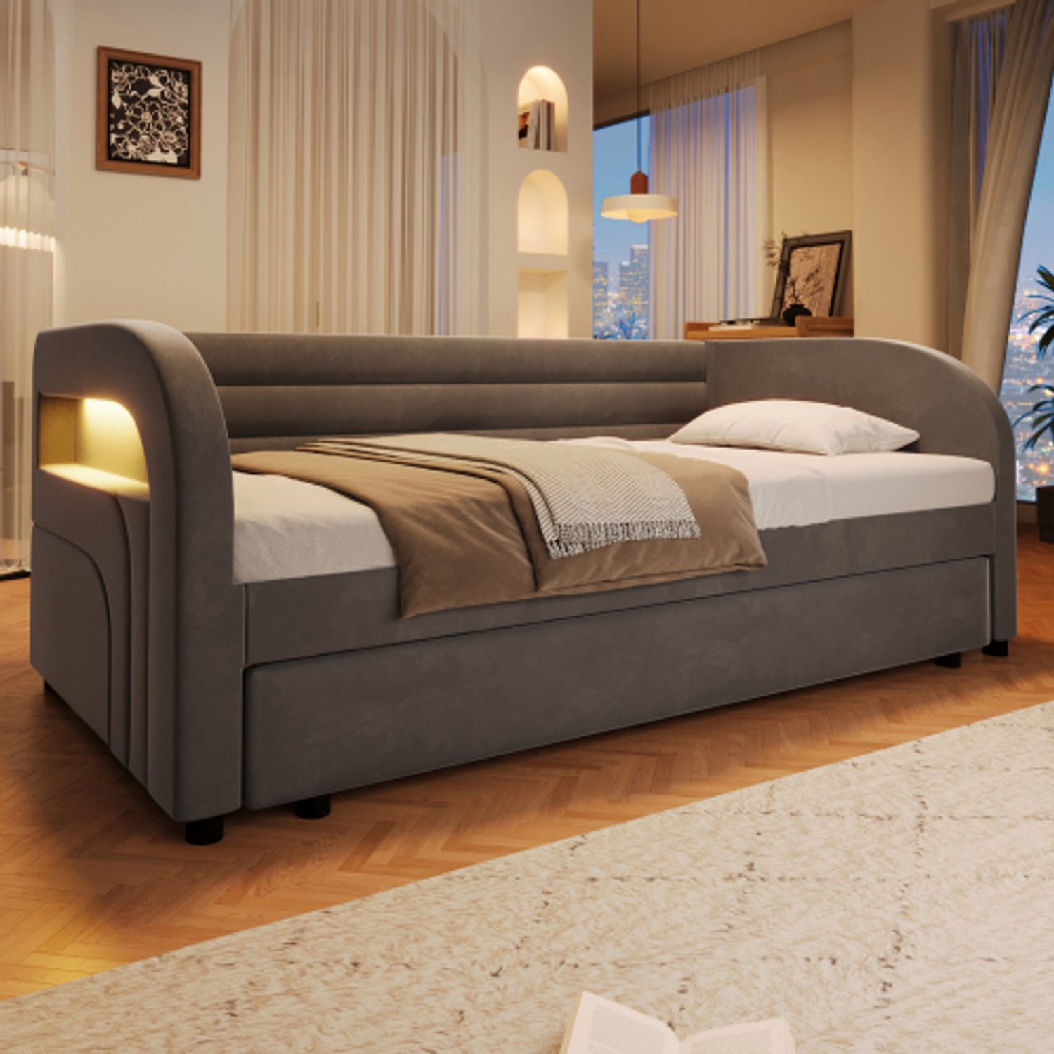 Zubaliya Kinderbed, Eenpersoonsbed, 90x200 gestoffeerd platformbed met praktisch uitschuifbed & LED-verlichting, Grijs