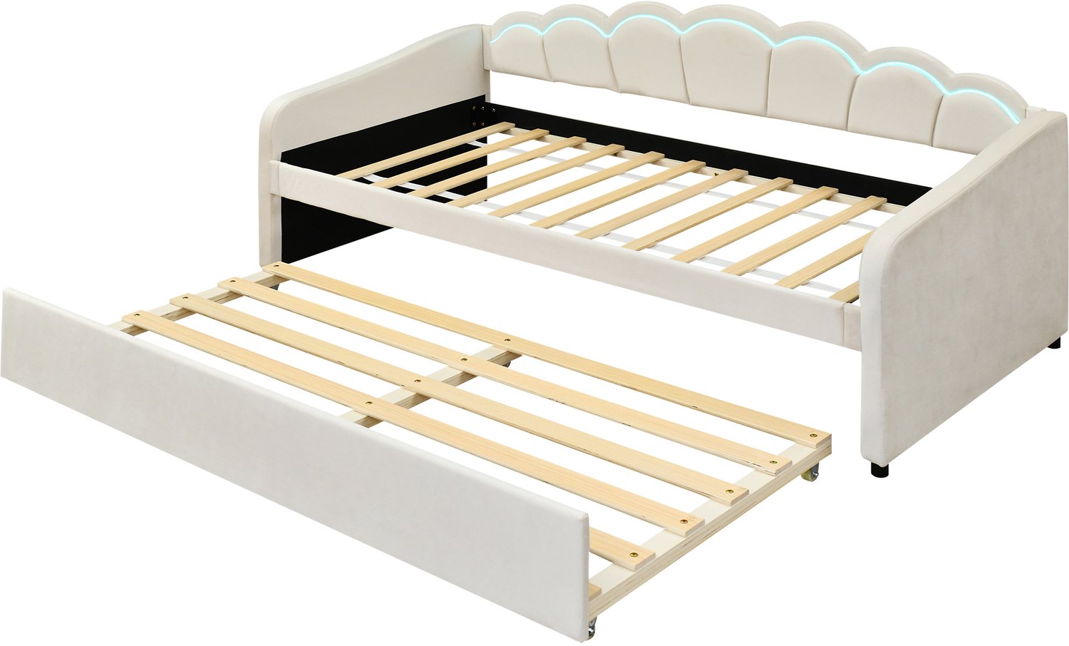 intebiki Ligbed - 90x200cm dagbed met uitschuifbaar bed - slaapbank- eenpersoonsbed - zonder Matras - fluweel - van kleur veranderend sfeerlicht - beige