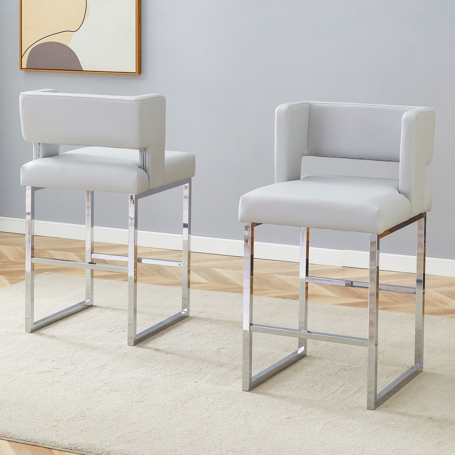 DantefHandels Barkrukken Set van 2, Scandinavische Stijl, Vierkant Design, Lichtgrijs, Zilverkleurige Metalen Poten, Scandinavisch design, geschikt voor keuken, kookeiland, bartafel en café