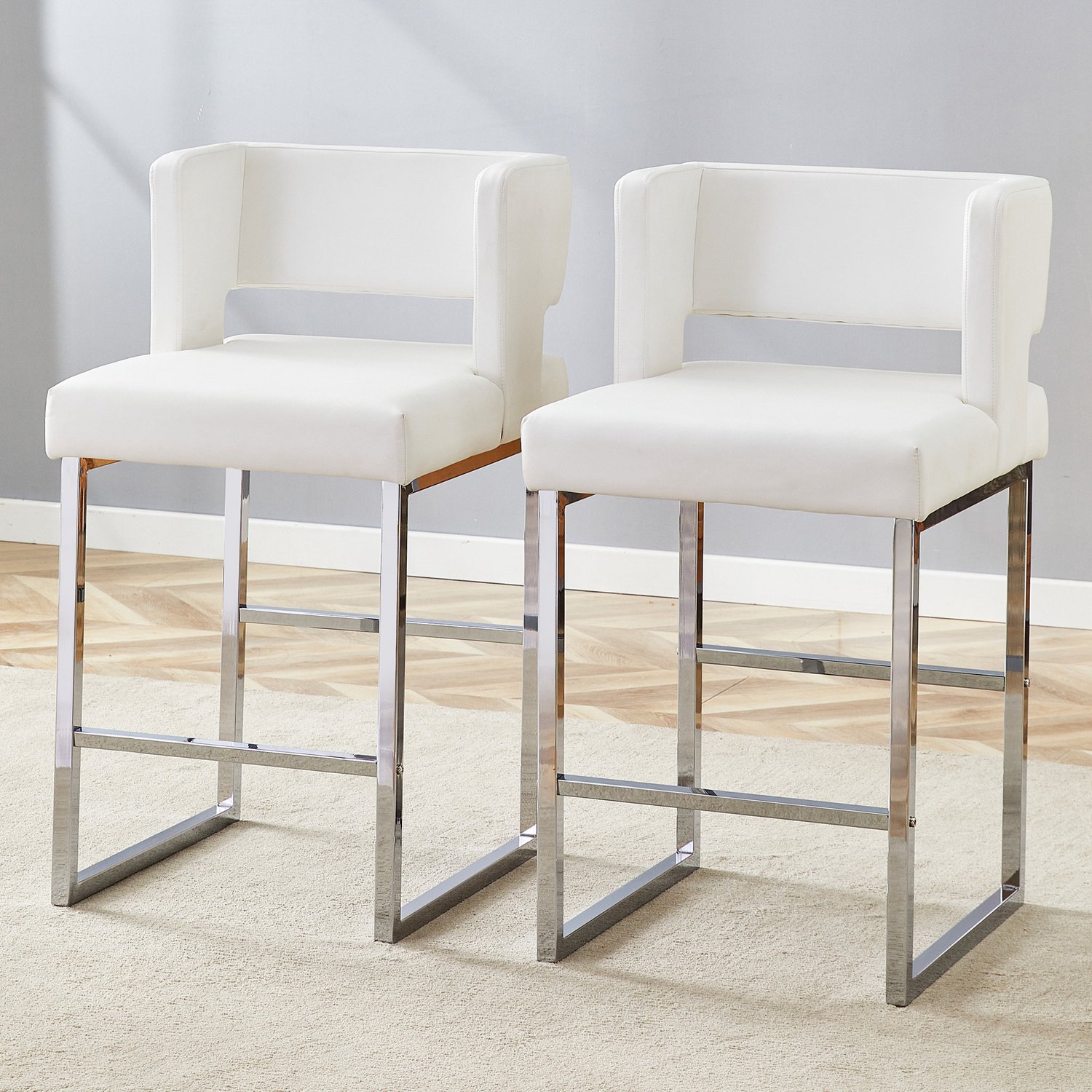 DantefHandels Barkrukken Set van 2, Scandinavische Stijl, Vierkant Design, Wit, Zilverkleurige Metalen Poten, Scandinavisch design, geschikt voor keuken, kookeiland, bartafel en café