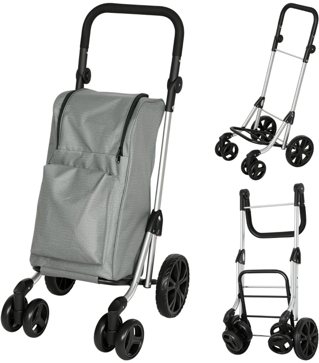 Opvouwbare aluminium boodschappenwagen- 46 liter geïsoleerde koeltas met gekoeld vak-wielen, verstelbare handgreep- mobiele boodschappentrolley voor dagelijkse boodschappen-grijs