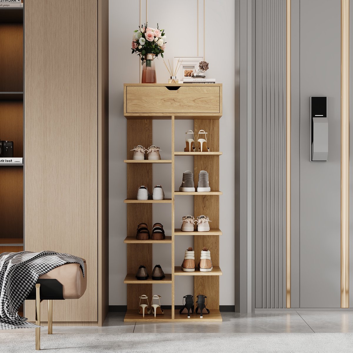 Pugsdrly Moderne multifunctionele schoenenkast, open schoenenrek met 1 lade en 10 opbergvakken, schoenenkast voor in de hal, houtkleur, 55×33×133 cm Natuurlijk