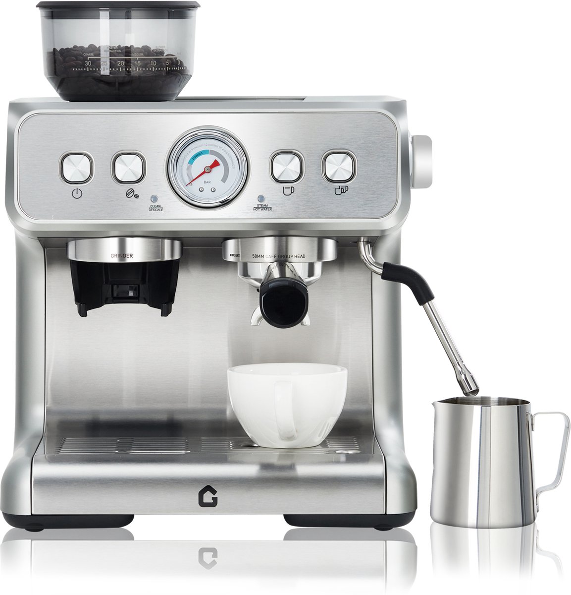 Espressomachine RVS met Bonenmaler - 42x40x48cm - Koffiemachine - 20 Bar Druk - 1400W - Afneembare 2.8L Watertank - met Stoompijp - Voor Thuis En Kantoor - Zilver