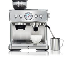 Espressomachine RVS met Bonenmaler - 42x40x48cm - Koffiemachine - 20 Bar Druk - 1400W - Afneembare 2.8L Watertank - met Stoompijp - Voor Thuis En Kantoor - Zilver
