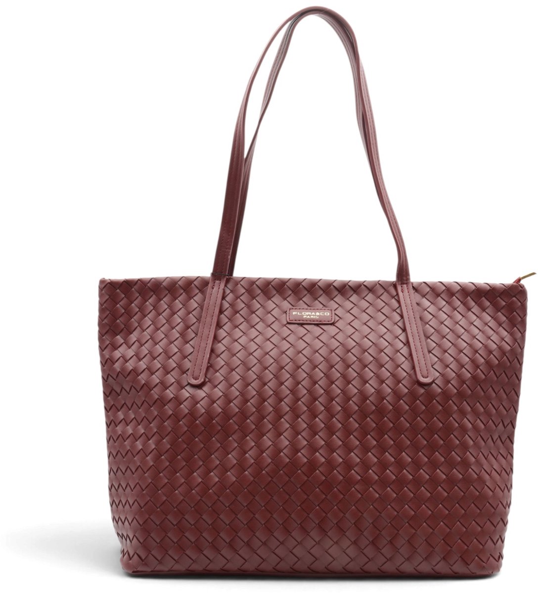 Flora&Co - SIENNAE - weefpatroon soft kunstleer - grote handtas/tote bag - bordeaux - geschikt voor A4 - ideaal voor school- of werktas
