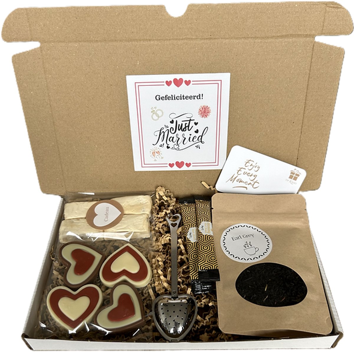 Just Married thee brievenbus cadeau - theezeefje - nougat - honing - chocolade