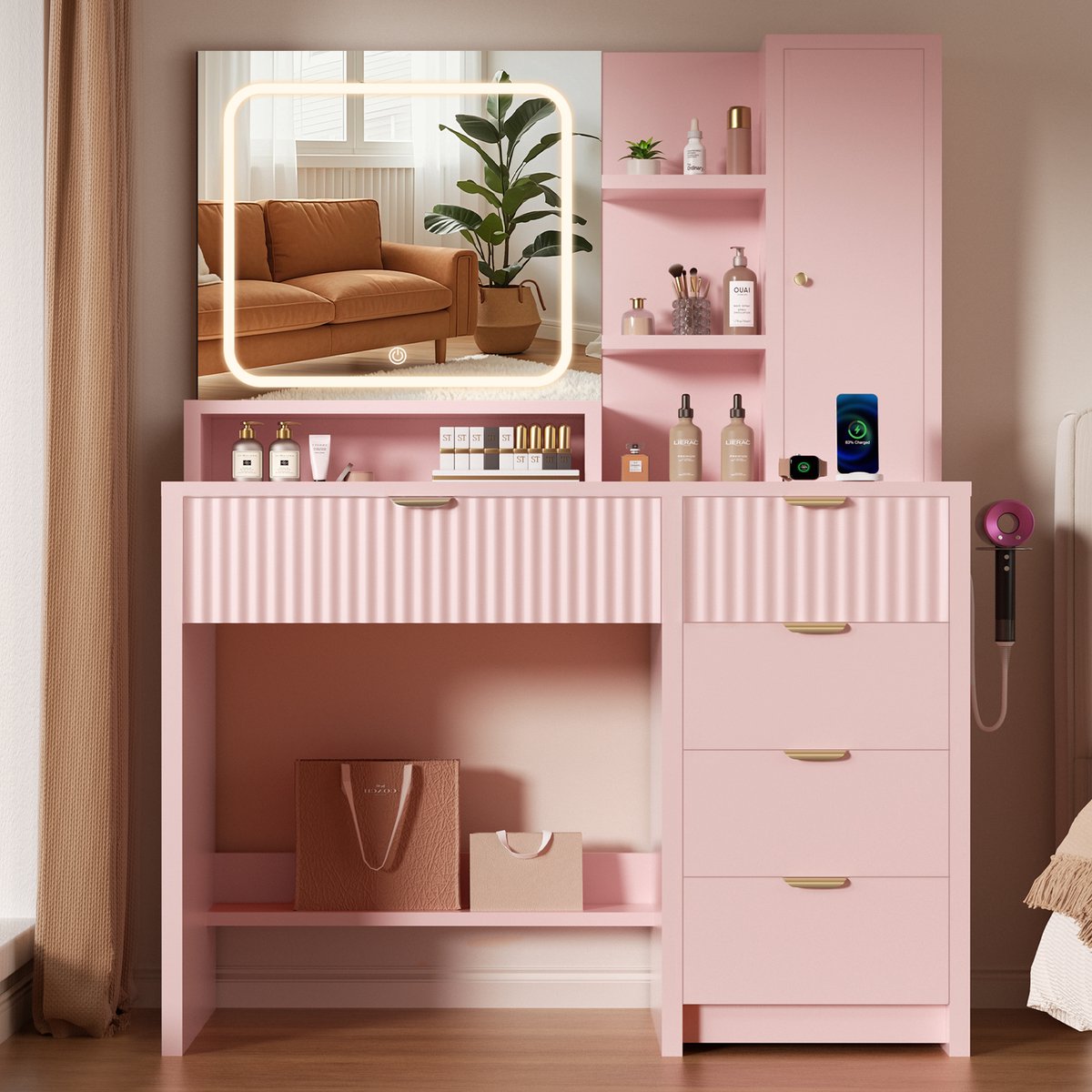 Lexzurn kaptafel met spiegel - 3 standen LED verlichting - 6 open vakken + 5 laden - föhnhook, stopcontacten & USB - 139x90x40 cm - roze - voor slaapkamer en kleedkamer