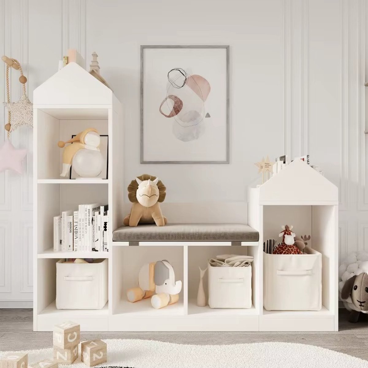 CreateEcom Boekenkast - boekenrek - Boekenkastbank met zitting - kinderboekenplank met opbergruimte - 3-laags staande boekenplank met multifunctionele opbergruimte - witte boekenorganizer voor kinderkamer