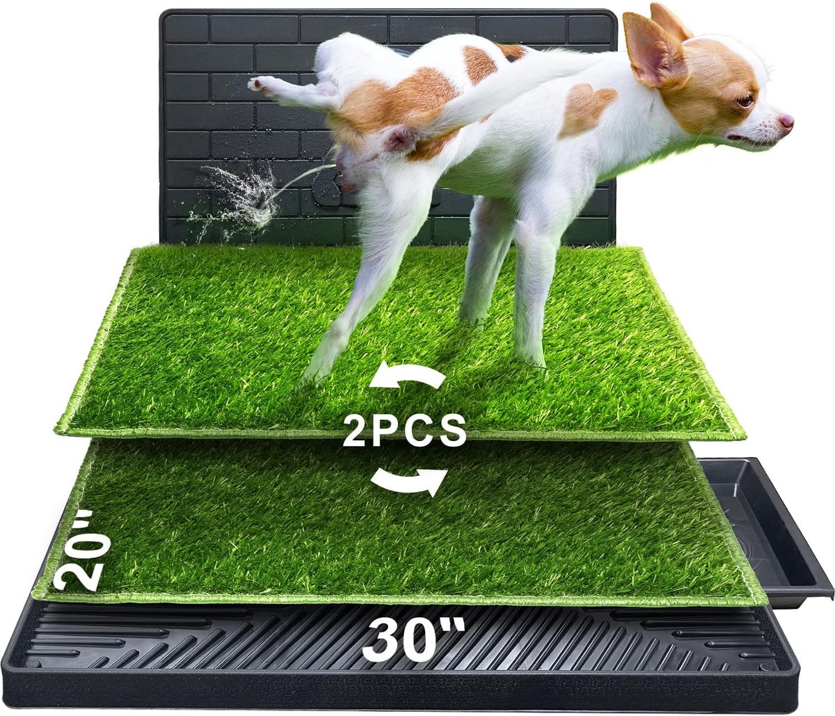 3-Laags Hondentoilet Met 2 Grasmatjes & 56 Drainagegaten - 76x51cm, Antislip, Vervangbare Matjes, 15kg - Voor Puppy's, Kleine Honden & Senioren - Groen