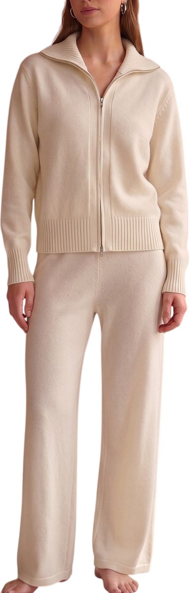 Gebreid Huispak Dames - 2-Delige Loungewear Set met Ritsvest & Wijde Broek - Zacht Joggingpak & Relax Set - Cadeau voor Vrouw - WIt