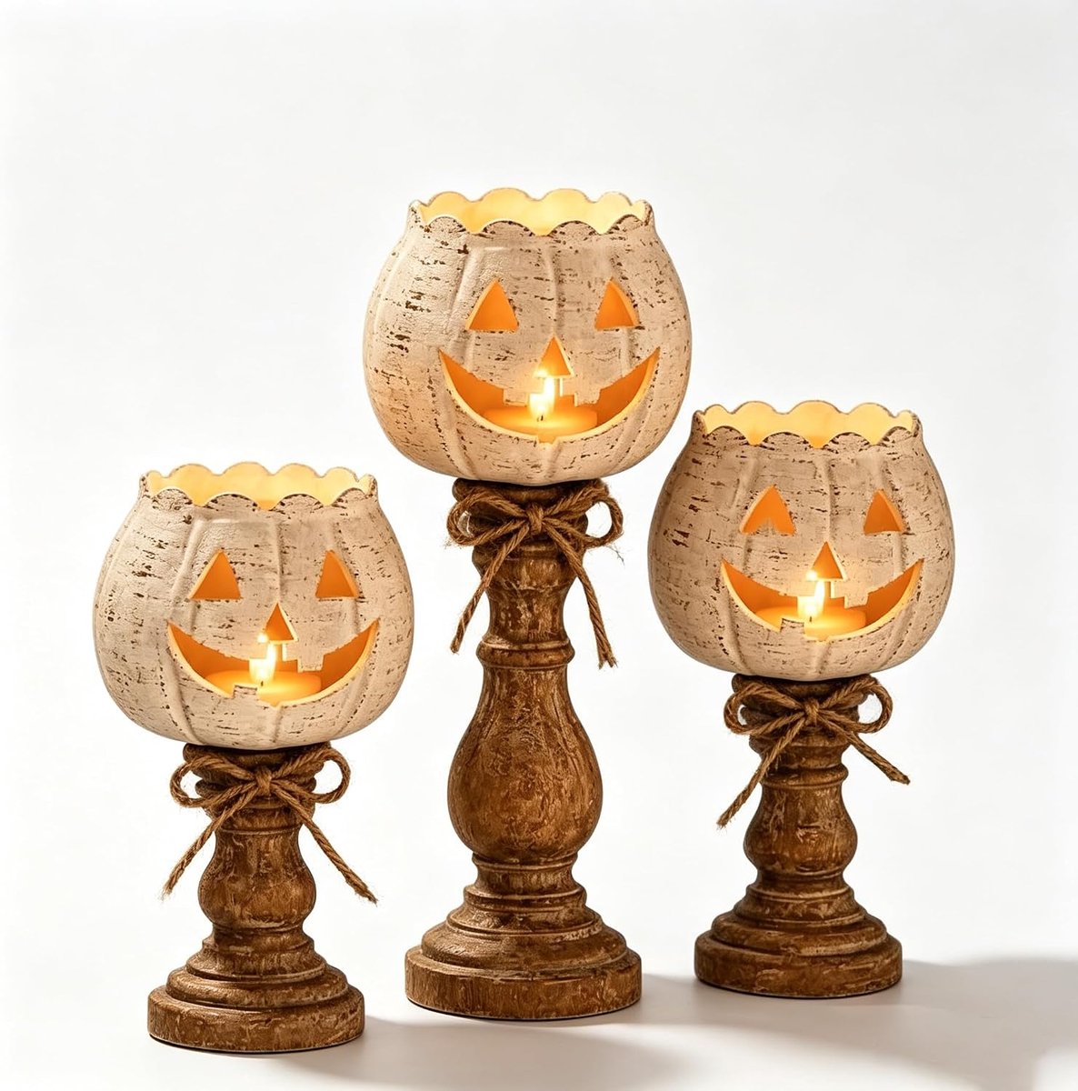 KZQ 3-delige set Witte pompoen-theelichthouder – Pompoen-kaarshouder van kunsthars – Halloween-decoratie - Inclusief led-kaarsjes