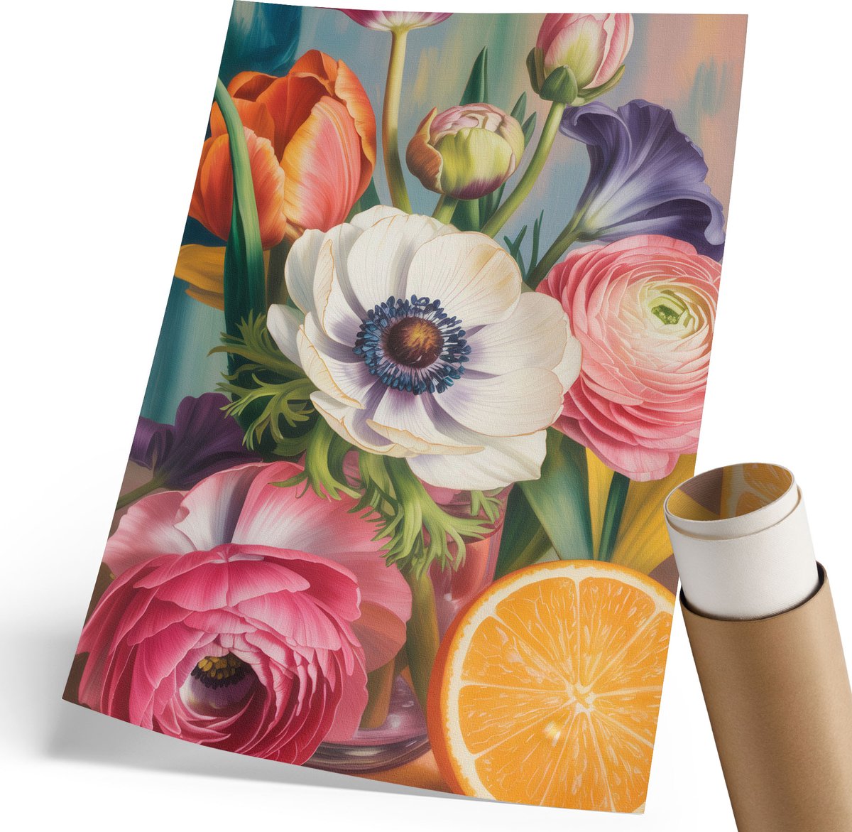 Coloray Polycanvas Poster - Kleurrijke Bloemen, Schilderen - 210 x 297 mm - Oranje Illustratie - Rechthoek - Muurdecoratie - Woonkamer, Slaapkamer, Kantoor - Klassiek