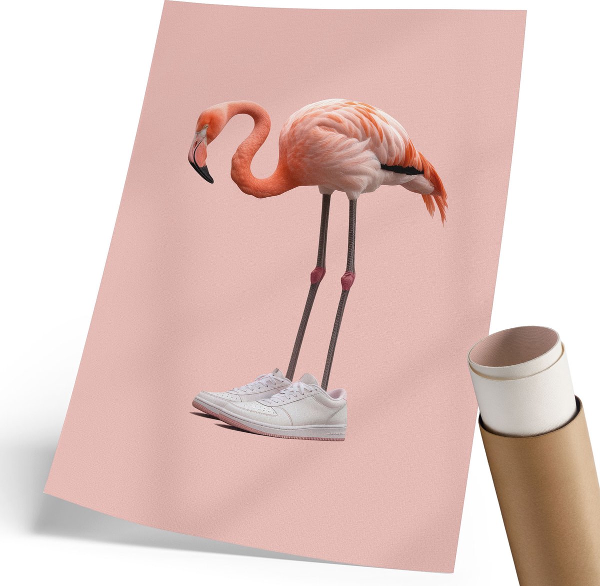 Coloray Polycanvas Poster - Flamingo In Laarzen, Illustratie - 210 x 297 mm - Roze Motief - Rechthoek - Kunstposter - Woonkamer, Slaapkamer, Kantoor - Popcultuur