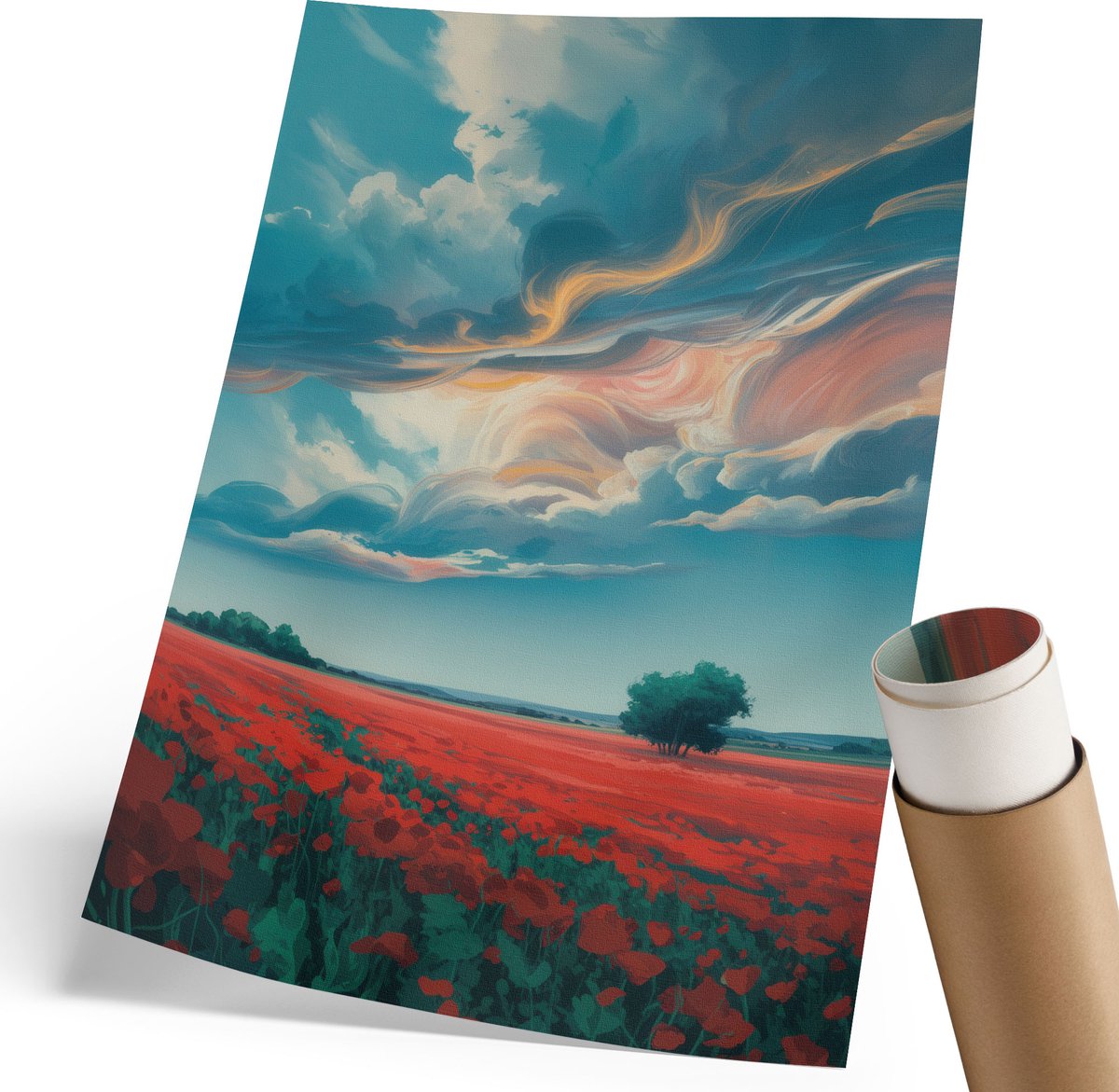 Coloray Polycanvas Wandposter - Papavervelden, Schilderen - 210 x 297 mm - Rood Patroon - Rechthoek - Muurkunst - Woonkamer, Slaapkamer, Kantoor - Expressief