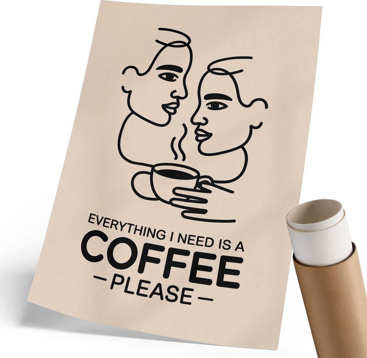 Coloray Canvas Poster Polycanvas - Lijntekening Koffie, Illustratie - 210 x 297 mm - Beige Poster - Rechthoek - Muurdecoratie - Woonkamer, Slaapkamer, Kantoor - Minimalist