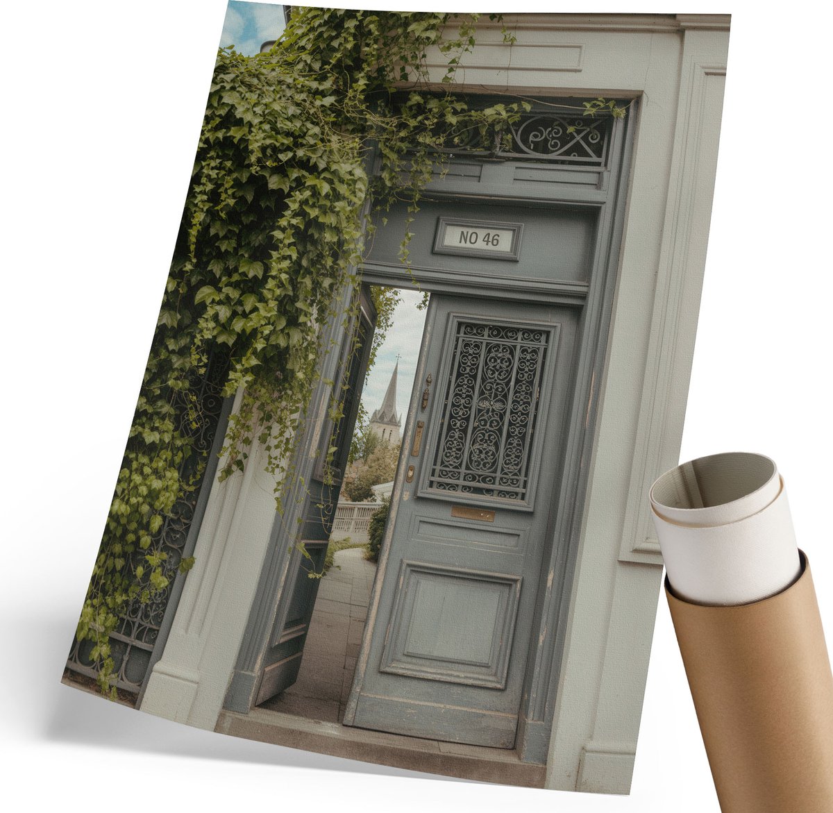 Coloray Polycanvas Poster - Groene Deur, Fotografie - 210 x 297 mm - Grijs Illustratie - Rechthoek - Decoratieve poster - Woonkamer, Slaapkamer, Kantoor - Romantisch