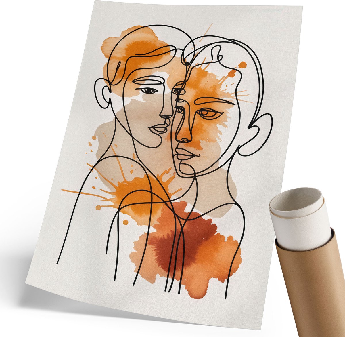 Coloray Canvas Poster Polycanvas - Abstract Portret, Lijntekening - 210 x 297 mm - Oranje Poster - Rechthoek - Kunstposter - Woonkamer, Slaapkamer, Kantoor - Expressief