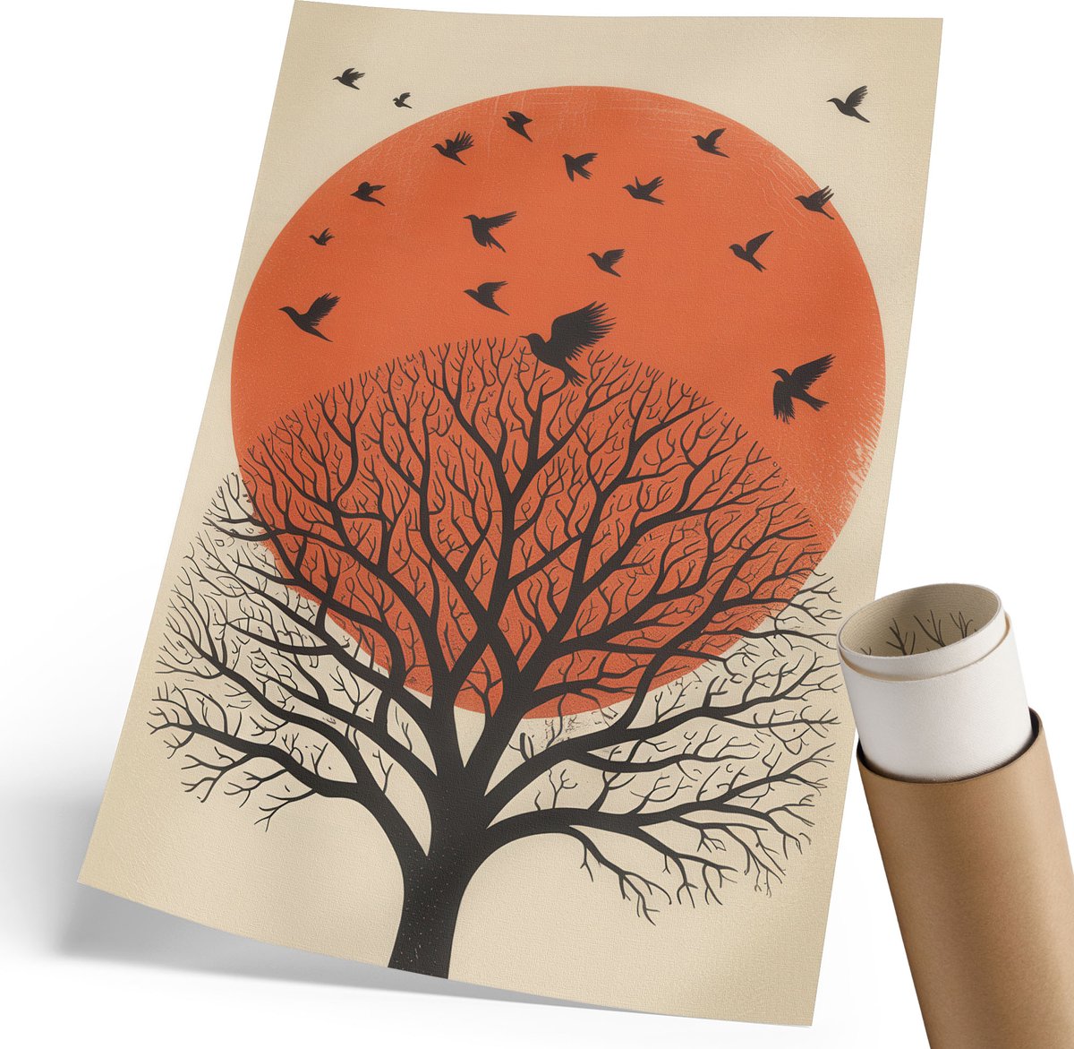 Coloray Polycanvas Wandposter - Boom En Vogels, Illustratie - 210 x 297 mm - Oranje Wanddecoratie - Rechthoek - Canvasposter - Woonkamer, Slaapkamer, Kantoor - Expressief