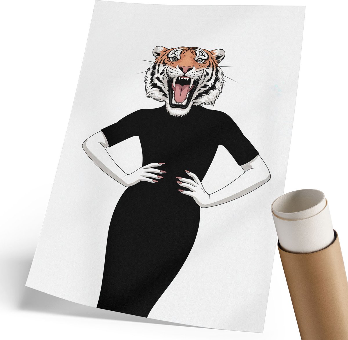 Coloray Canvas Poster Polycanvas - Tijgervrouw, Illustratie - 210 x 297 mm - Zwart Patroon - Rechthoek - Muurdecoratie - Woonkamer, Slaapkamer, Kantoor - Popcultuur