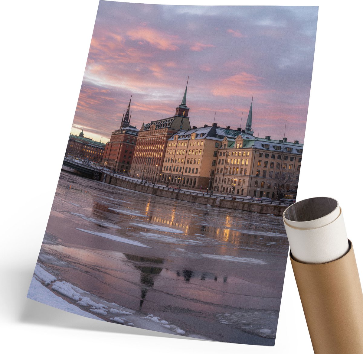 Coloray Polycanvas Wandposter - De Stad 'S Avonds, Fotografie - 210 x 297 mm - Roze Design - Rechthoek - Interieurdecoratie - Woonkamer, Slaapkamer, Kantoor - Klassiek
