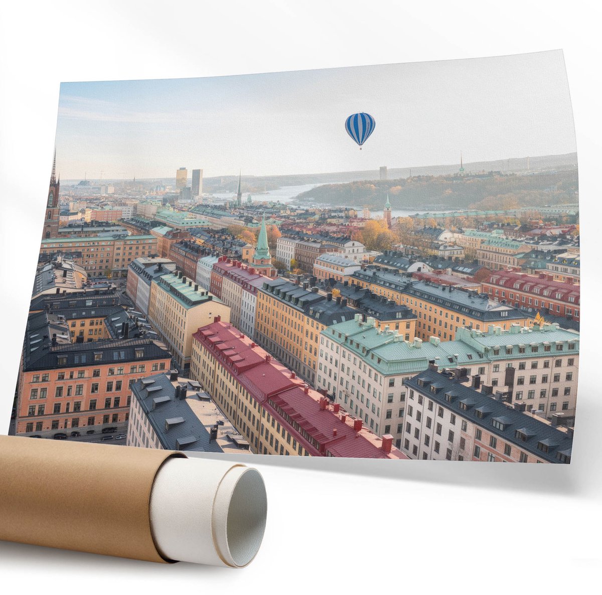 Coloray Polycanvas Wandposter – Ballonvaart boven de Stad, Beige – 594 x 840 mm – Groen Illustratie – Rechthoek – Canvas Wandposter – Woonkamer – Klassiek