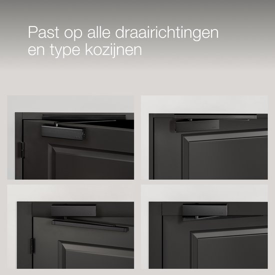 Vier close-ups van een zwarte deurdranger op een zwarte deur, gemonteerd in verschillende configuraties.