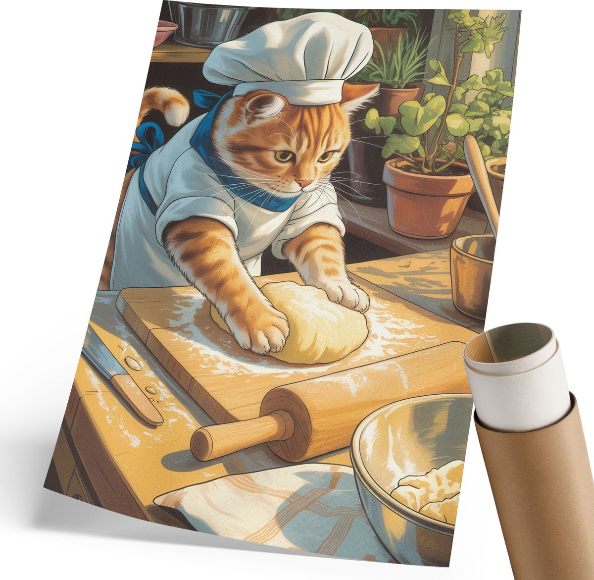 Coloray Polycanvas Wandposter - Chef-Kok Kat, Illustratie - 210 x 297 mm - Bruin Wanddecoratie - Rechthoek - Wandkunstwerk - Woonkamer, Slaapkamer, Kantoor - Kinder