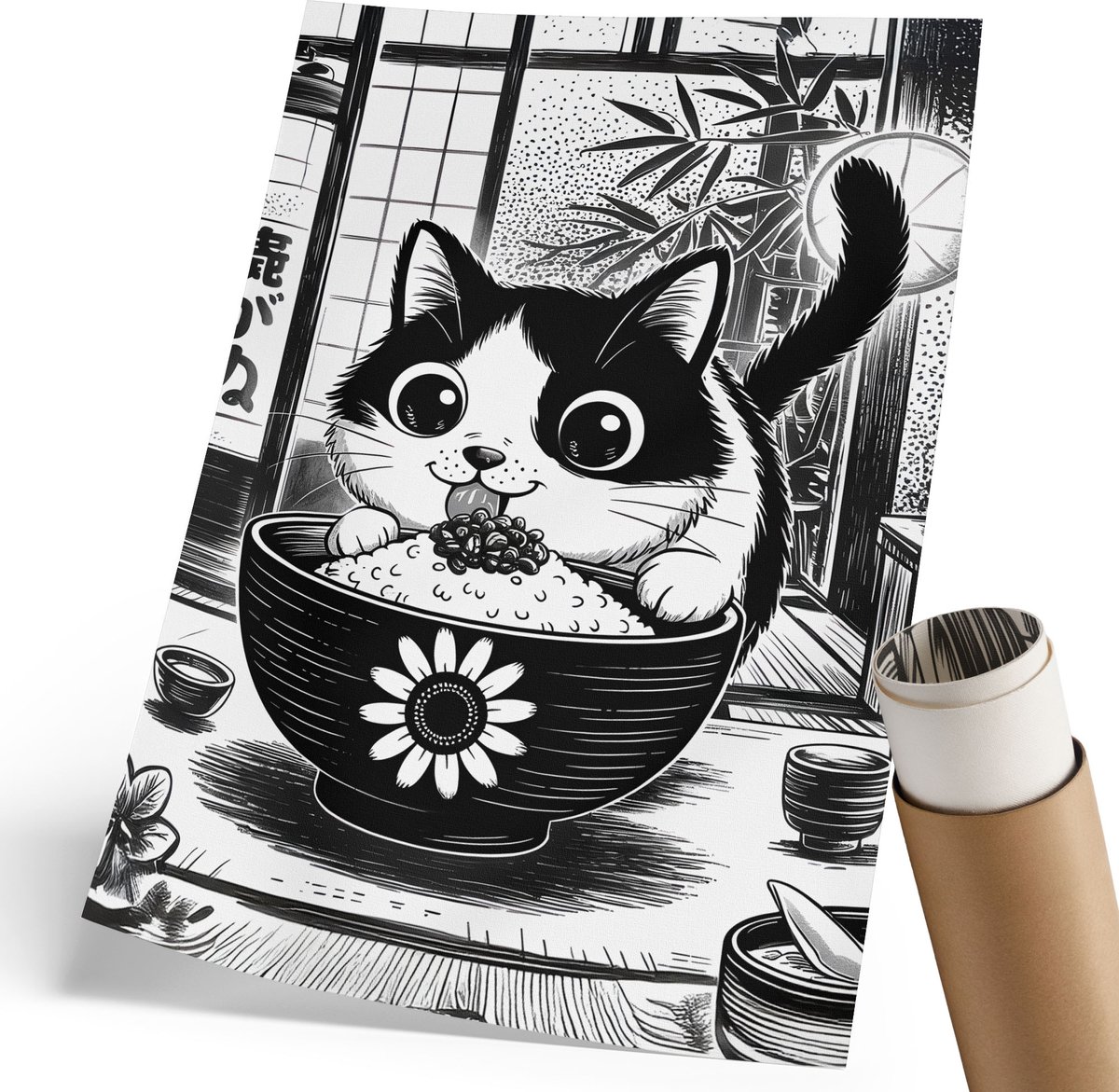 Coloray Canvas Poster Polycanvas - Kat In Een Kom, Illustratie - 210 x 297 mm - Zwart-wit Poster - Rechthoek - Kunstposter - Woonkamer, Slaapkamer, Kantoor - Kinder