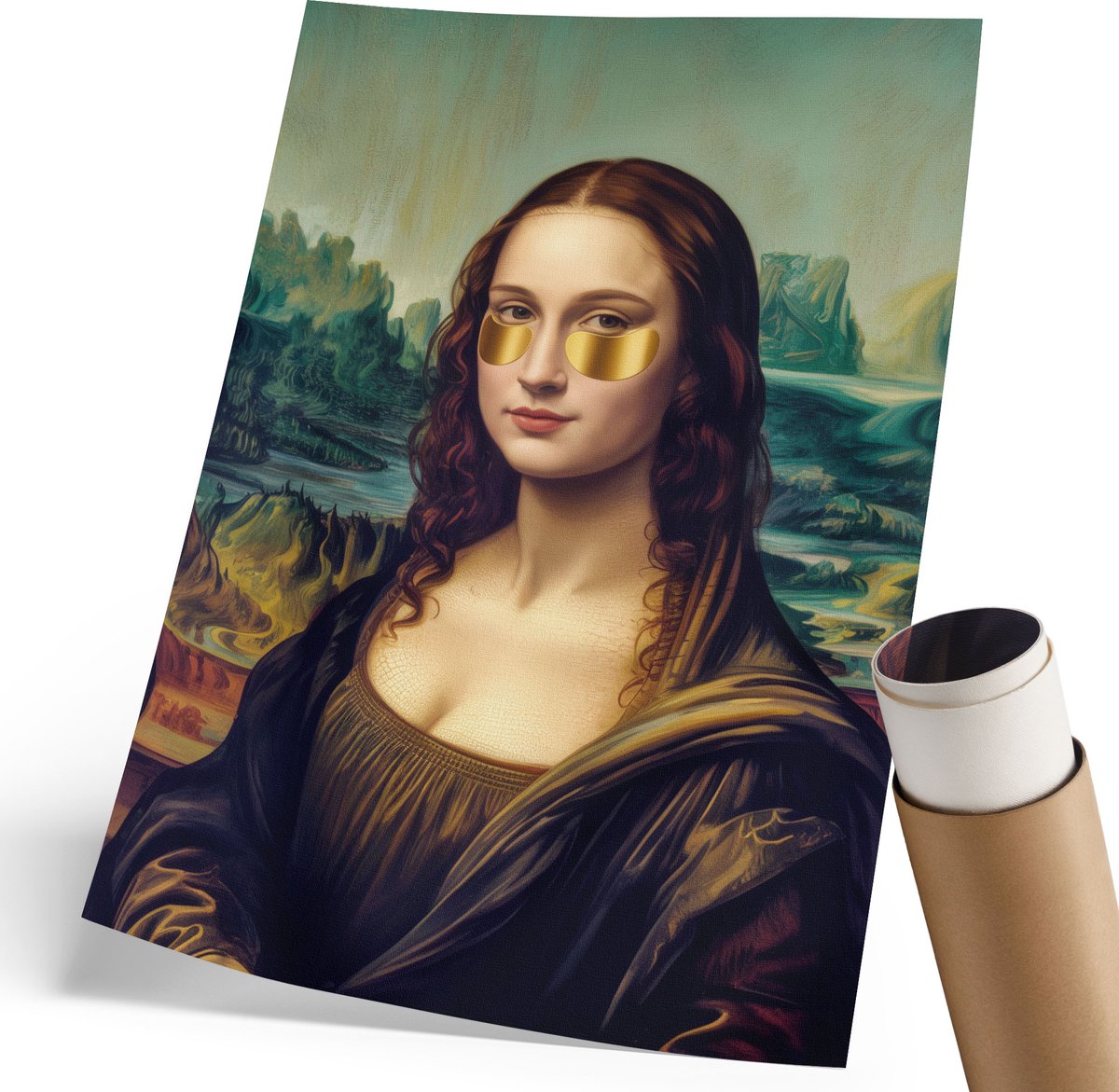 Coloray Polycanvas Wandposter - Een Moderne Mona Lisa, Schilderen - 210 x 297 mm - Groen Decoratie - Rechthoek - Interieurdecoratie - Woonkamer, Slaapkamer, Kantoor - Humoristisch