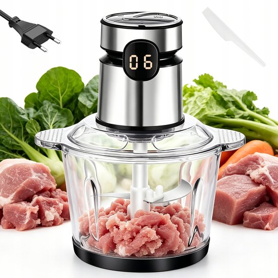 Hakmolen Elektrisch - Food Chopper - Groentesnijder - Elektrische Vleesmolen - 3 Snelheden - 2L Glazen Kom - vaatwasbestendig - Oververhittingsbeveiliging - RVS Messen - Multifunctioneel Hakmolen - Voor Vlees & Groenten & Babyvoeding — afbeelding 2