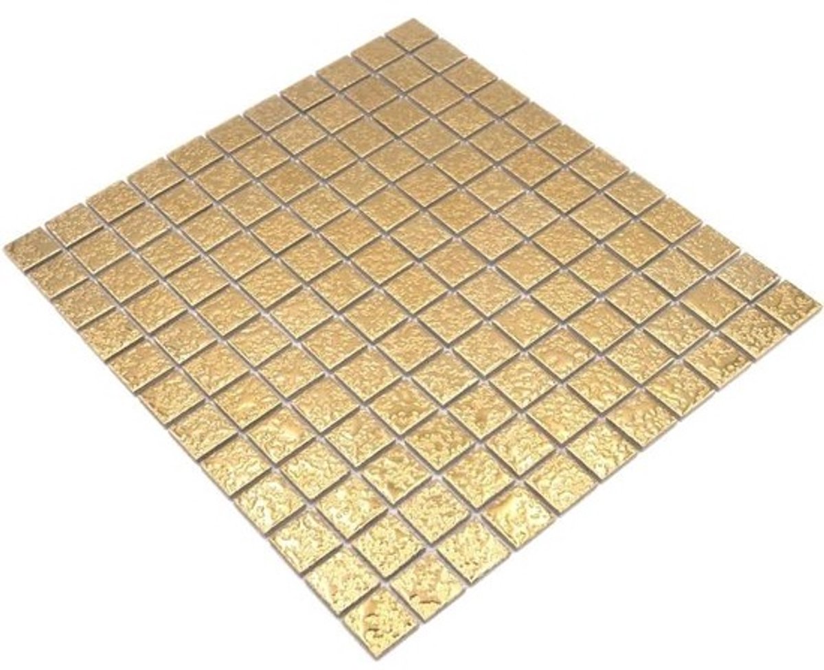 Mozaïek vierkant uni goud gehamerd keramiek mozaïek, mozaïeksteen formaat: 25x25x6 mm, mat grootte: 330x302 mm, 1 mozaïekmat