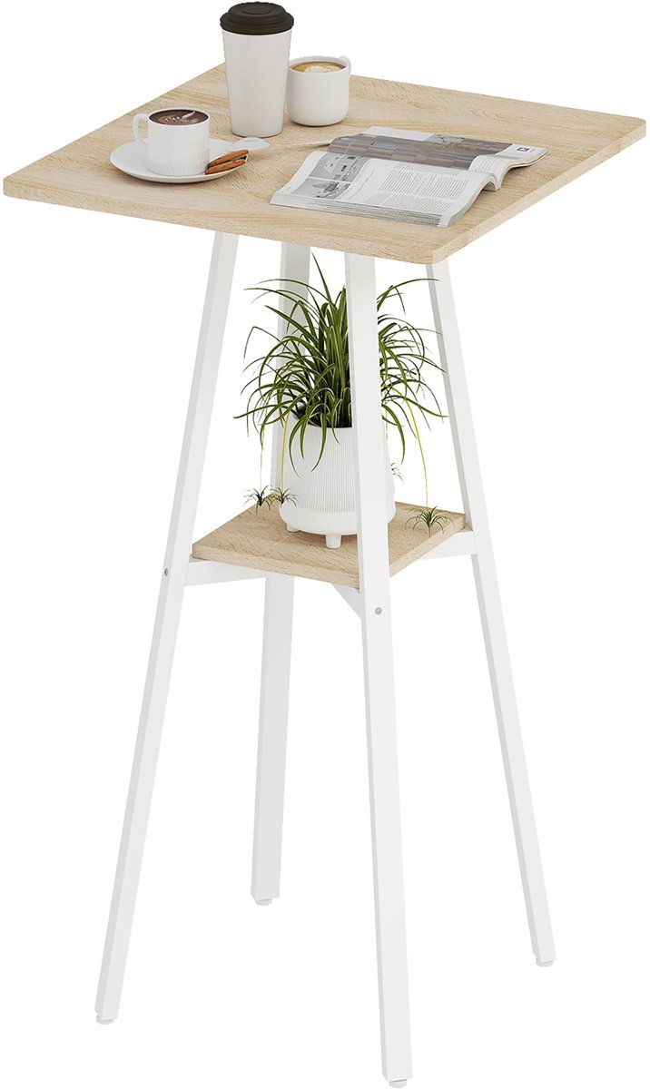 Vierkante Hoge Bartafel - Hoge keukenbartafel met plank - 55x55x95cm - Natuurhout & Wit