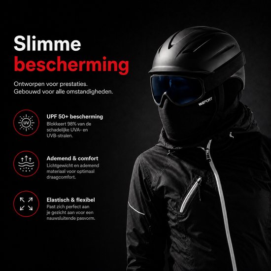Een helm met skibril en zwarte bivakmuts op. "Slimme bescherming" staat er, met iconen voor UPF 50+, ademend & comfort, elastisch & flexibel.