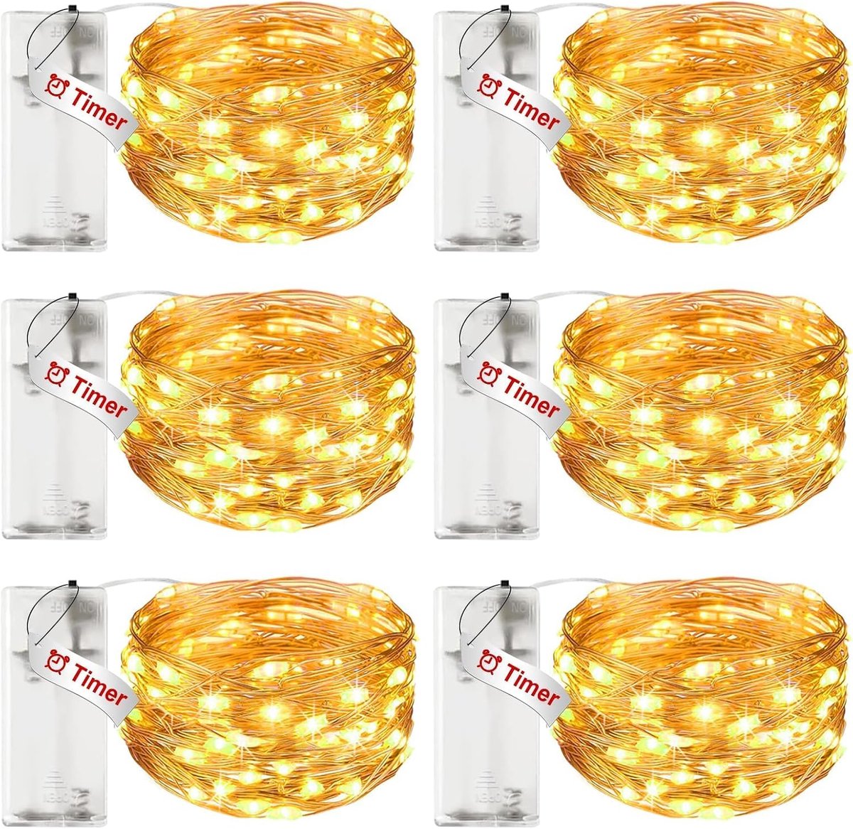 6-delige LED-lichtslinger - Werkt op batterijen - Warm wit licht - 3 meter - 30 LED-parels - Waterdicht - Werkt op AA-batterijen - Geschikt voor feestjes, Kerstmis, Halloween, bruiloften en decoraties.