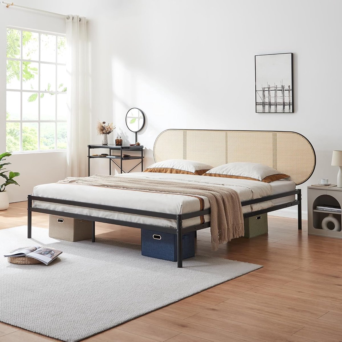 Bedframe 180x200 cm - Industrohome metalen ledikant met ovalen hoofdeinde en lattenbodem, zwart/rattan look, max. 300 kg