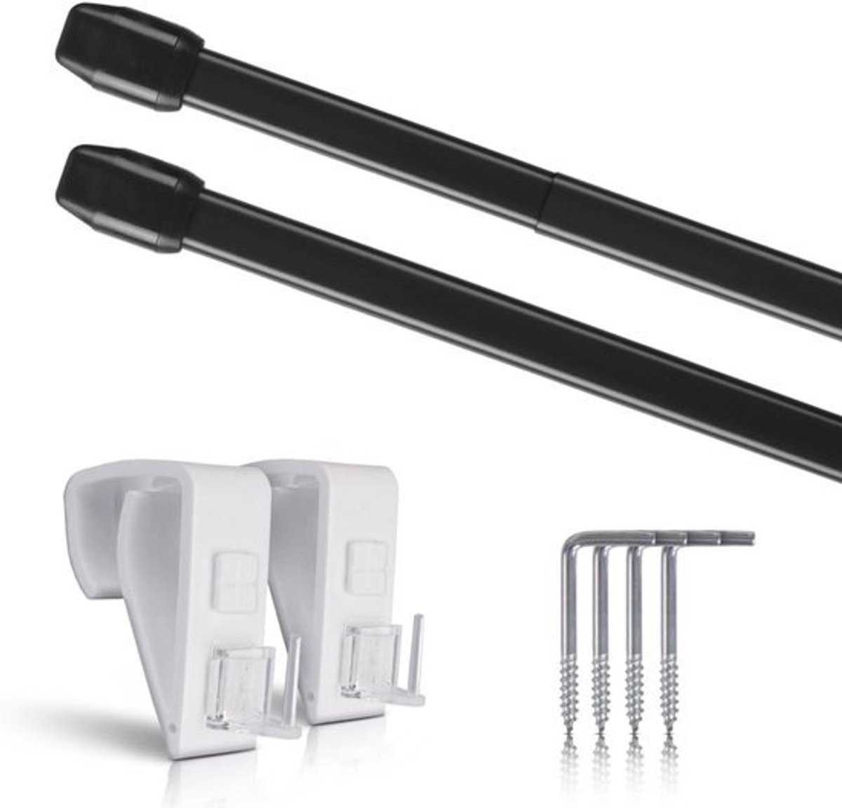 Vitragestangen Set - Gordijnroedes Uittrekbaar - Ramen Afwerken - Bevestiging Zonder Boren - 80-120 cm - Zwart