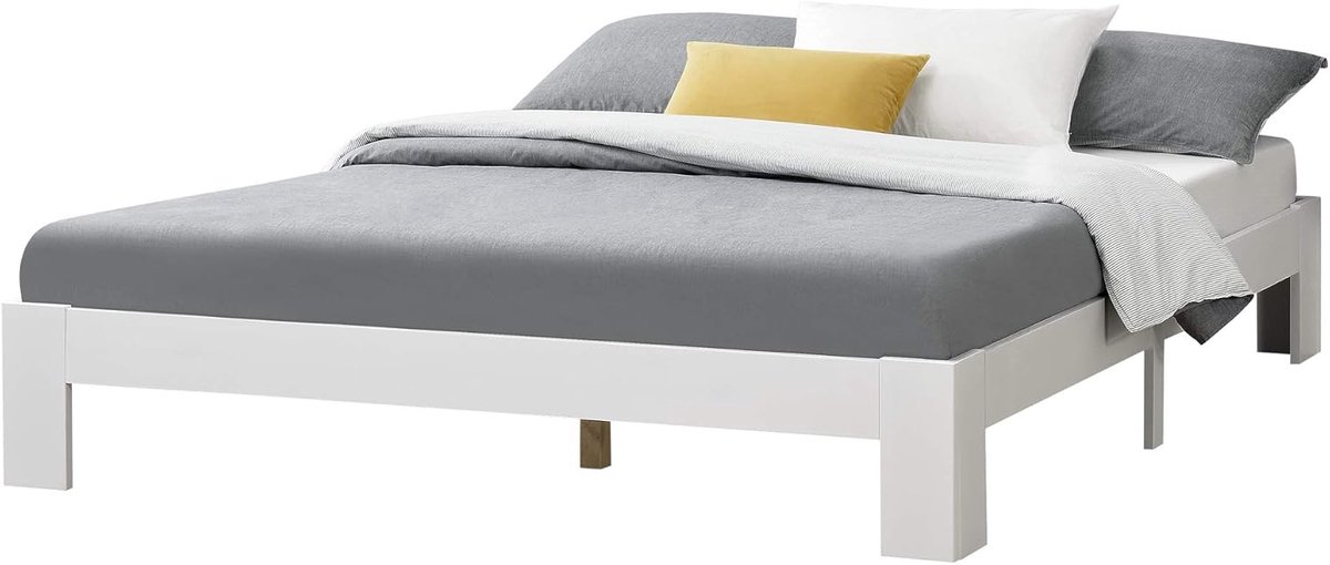 Bedframe 140x200 cm - Industrohome Modern Wit Houten Ledikant met Lattenbodem, 144x204x30 cm