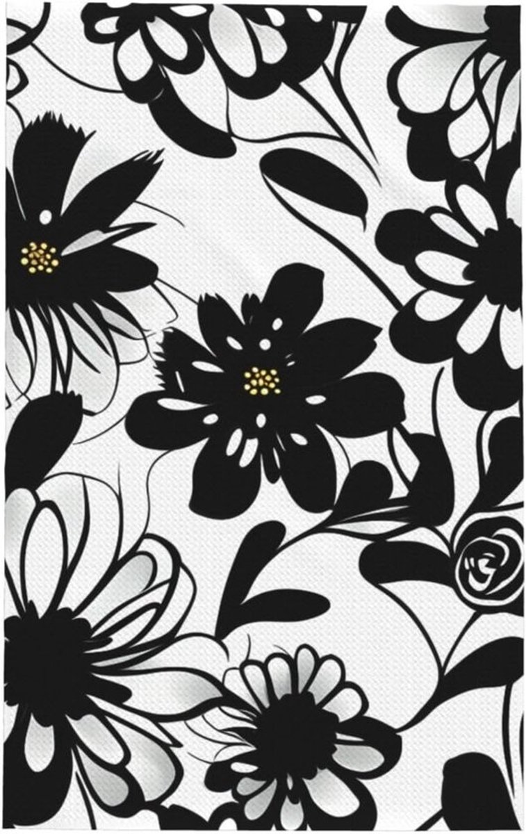 Black and White Floral Print Kitchen Towels, Waffle Tissue Dishcloths, Perfect for Drying, Cleaning and Daily Use