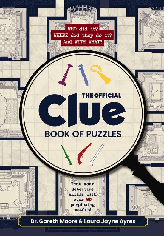 De officiële Clue Puzzelboek met een vergrootglas dat iconische wapens toont: moordwapen, geweer en sabel. De omslag bevat tekst over het oplossen van mysteries.