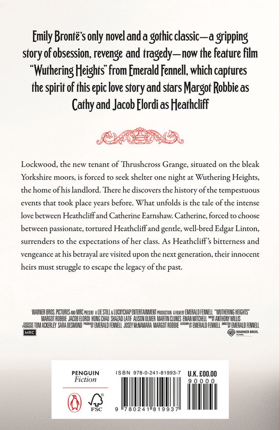 Boek "Wuthering Heights" met een zwarte achtergrond en witte tekst. Titel bovenaan, gevolgd door filminformatie en een samenvatting.
