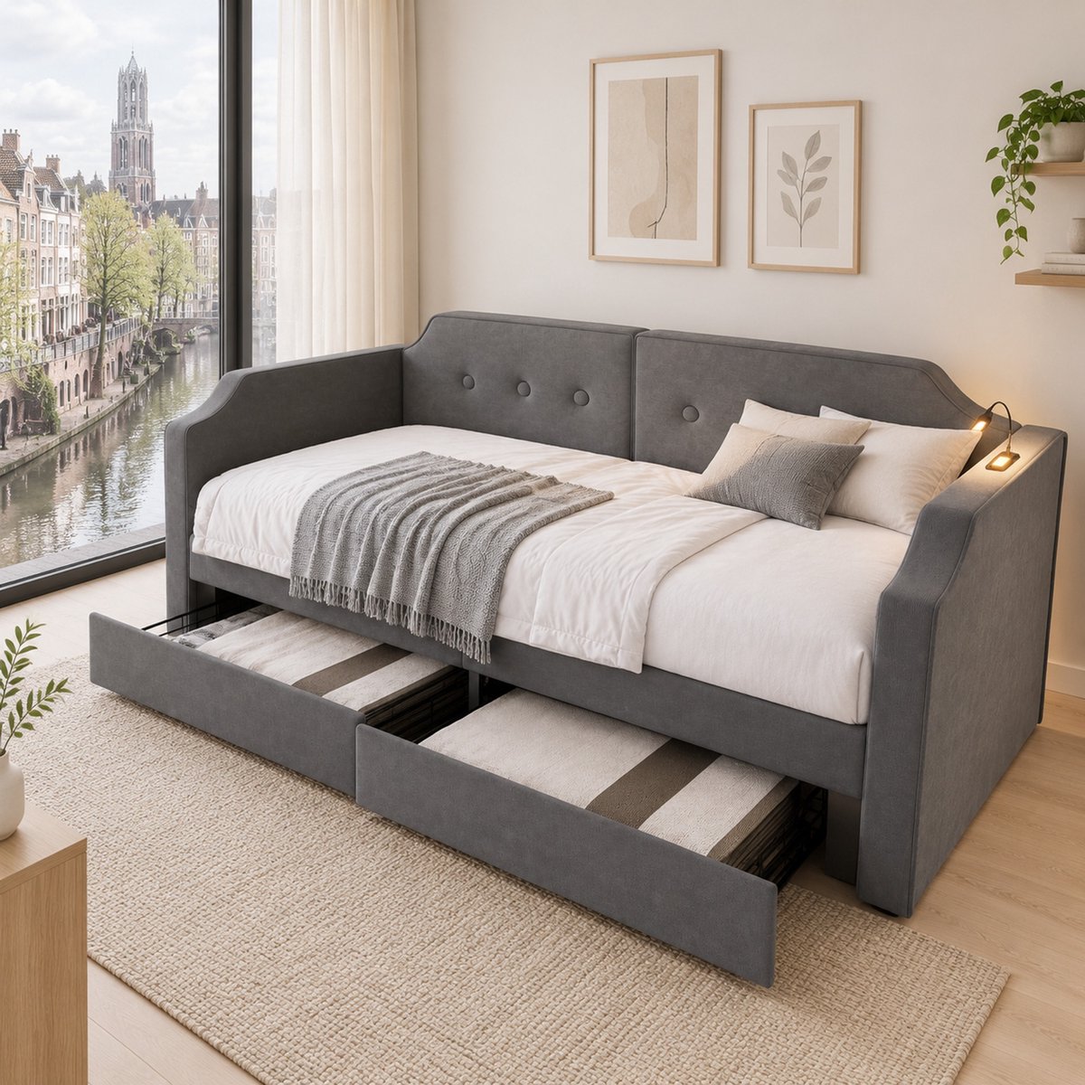 WUVRIE Slaapbank 90x200 cm met USB-C, leeslamp en 2 lades, grijze velours bedbank
