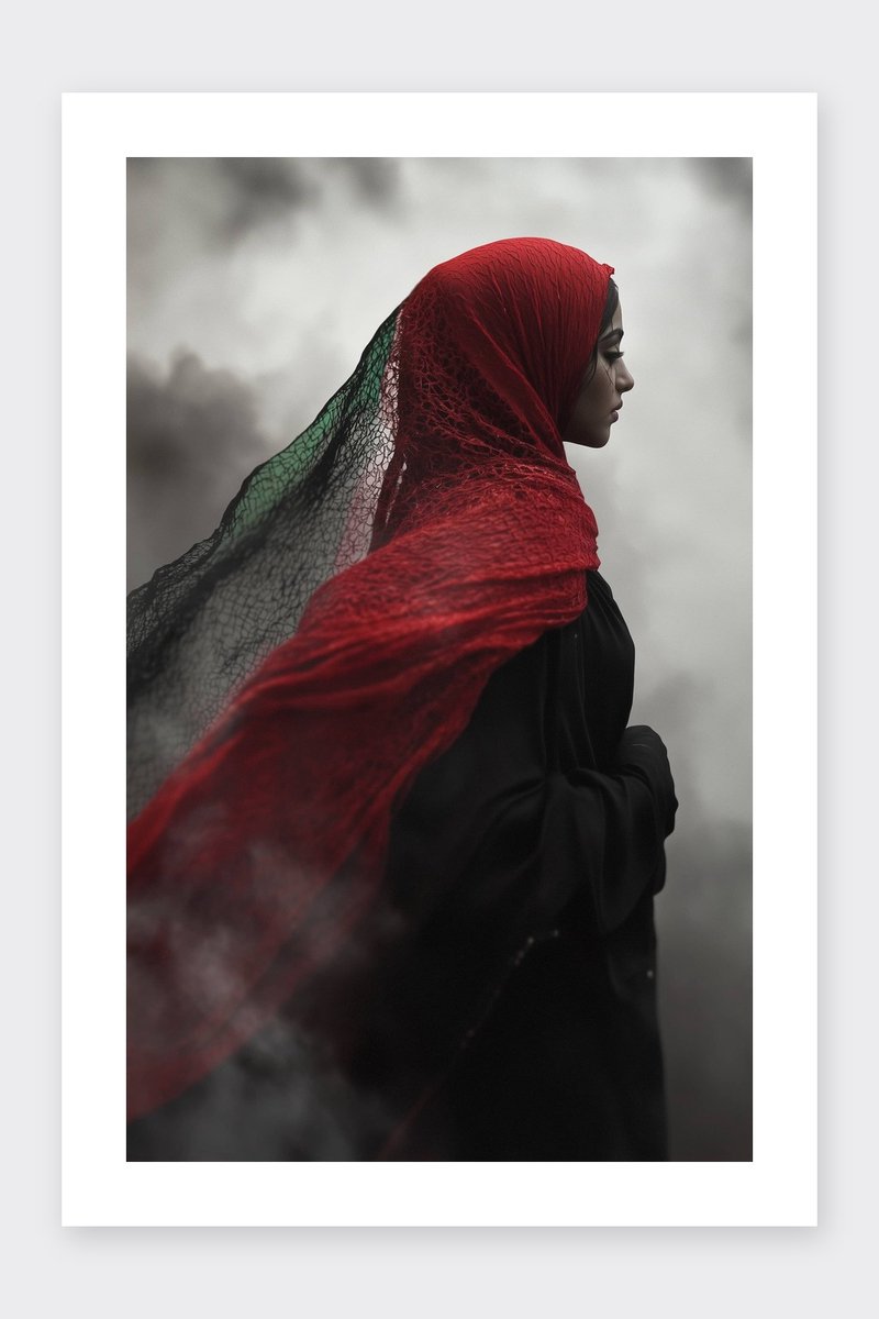 Hijab Poster - Palestina -Sjaal - Vrouw - Elegantie - Cultuur - Symbolen - posters - formaat 30x40cm - Wanddecoratie - BXS5080MT - Met kader - passe-partouts stijl