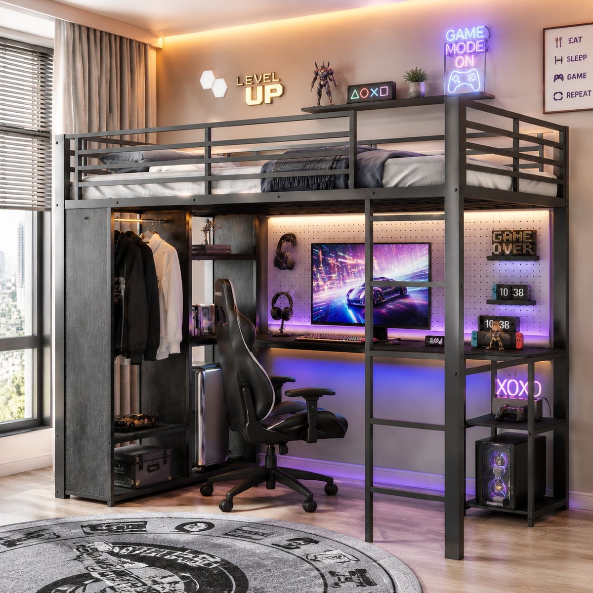 Clruro Hoogslaper - 90x200 cm - Met Bureau en USB Type-C - 4 Rekken, Kledingopslag - Metaal/MDF - Wit