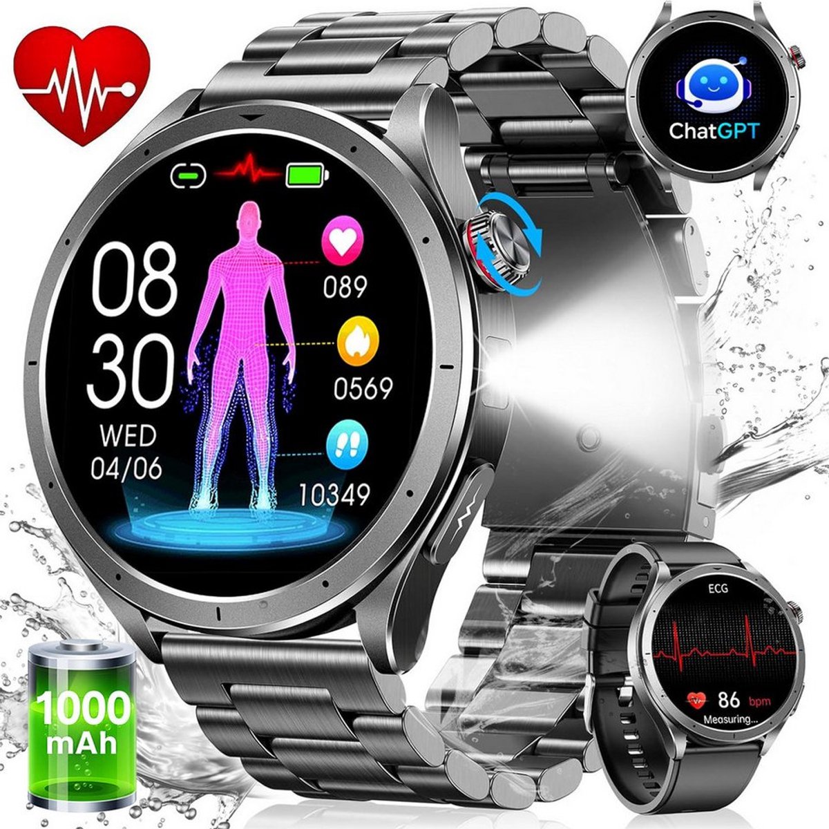 FOSMET Smartwatch - Horloge Heren - AI-Gezondheidsanalyse - ECG,PPG,HRV & SpO2 - 1,75 inch - AMOLED Scherm - 5ATM Waterdicht - 100+ Sportmodi - Stappenteller - Hartslagmeter - Slaapmonitor - Belfunctie - Geschikt voor Android en IOS - Zwart