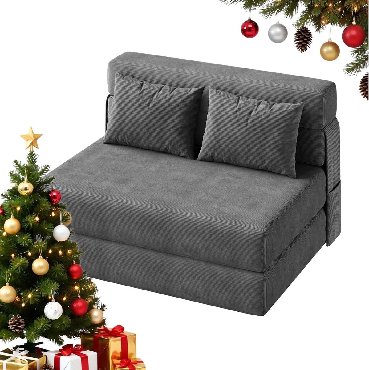 Grijze 4‑in‑1 opklapbare futon‑slaapbank‑vloerbank met 2 kussens‑rugsteun‑verstelbaar‑193 × 102 × 15 cm‑voor woonkamer, slaapkamer en gastenkamer