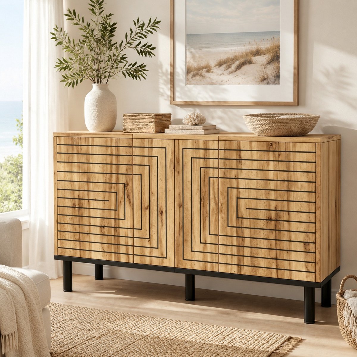 Dressoir – Wellenpatroon Met 3 Deuren En Push-Open – Voor Woonkamer En Werkkamer – Houtkleur – 120x35x68 Cm