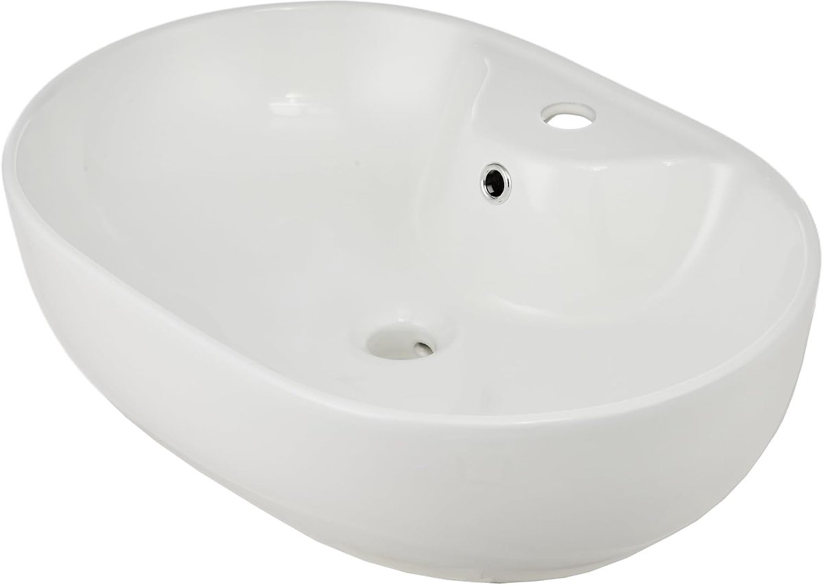 Ovale Opbouw Wastafel met Dunne Rand - 60.5 x 42.5 cm - Luxe Keramische Wasbak met Overloop - Glanzend Wit - Wastafel voor Badkamer & Toilet